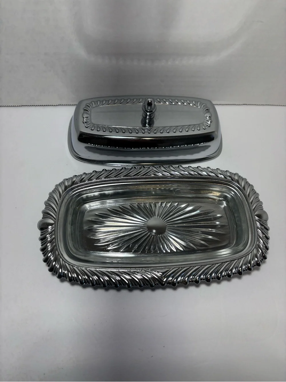 Butter Dish Glass Insert VTG Chromeplated Decorative Finial Lid